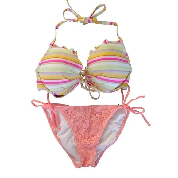 Victoria's Secret 2015 Floral Neon Crochet Side Ties Swim Bottoms Medium - Picture 3 of 13